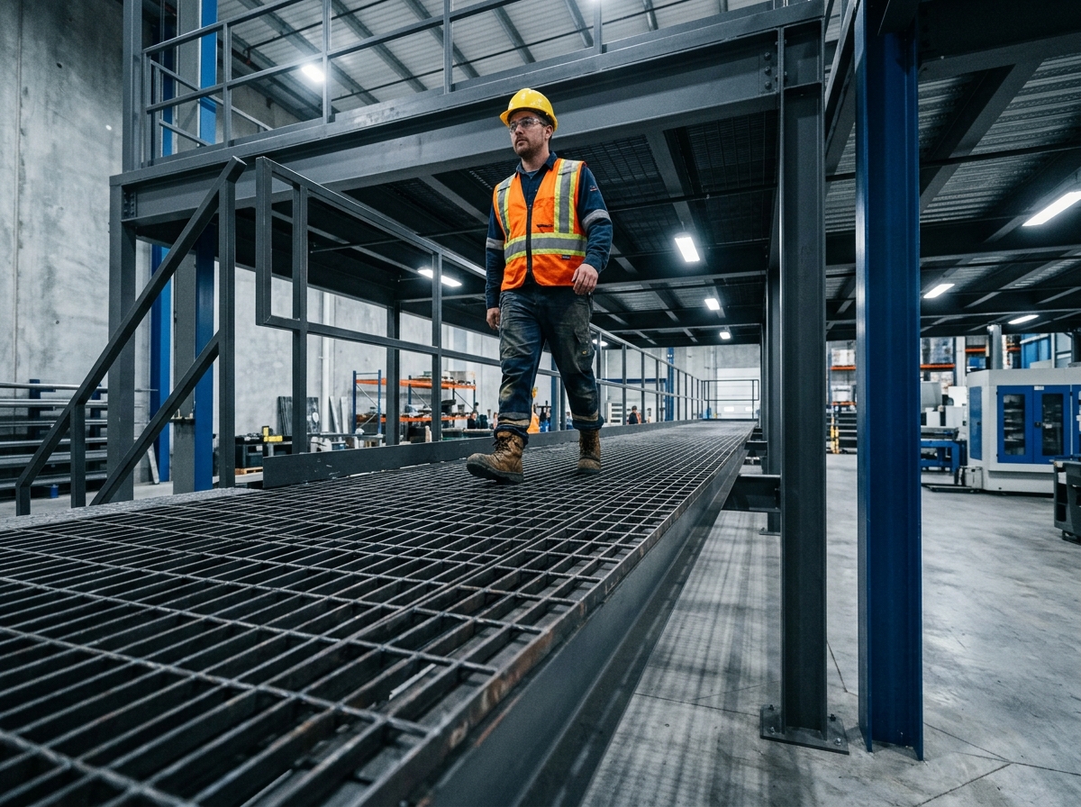 Grating galvanizado instalado como pasarela en planta industrial