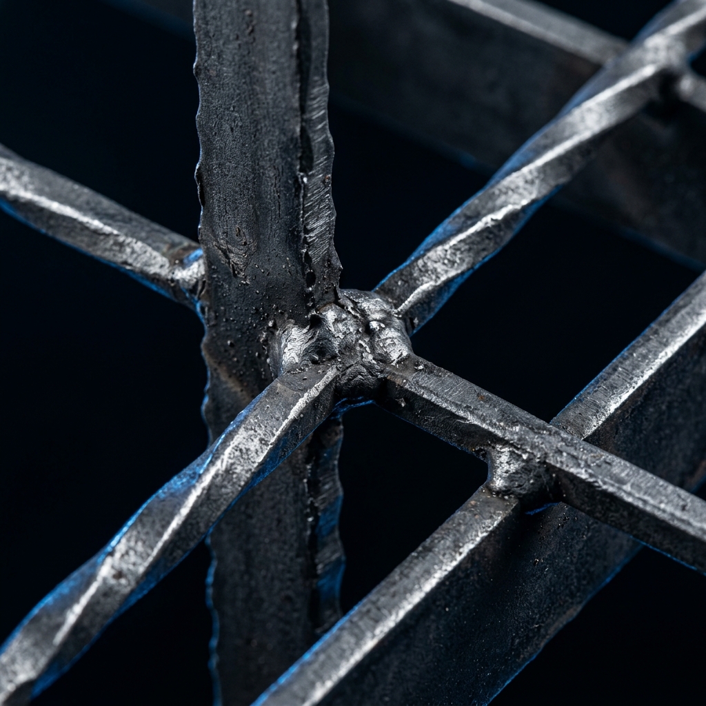 Detalle de grating electroforjado galvanizado: pletina portante y varilla trenzada